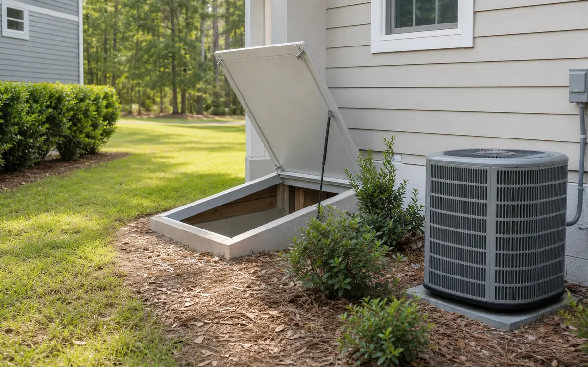 An open exterior crawlspace hatch beside a house, with an outdoor air conditioning unit, shrubs, and grass nearby.