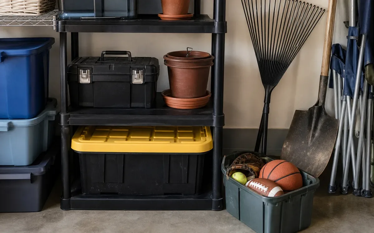 Garage shelving holds storage bins, a toolbox and pots beside a rake, shovel, folded chairs and a bin of sports balls.