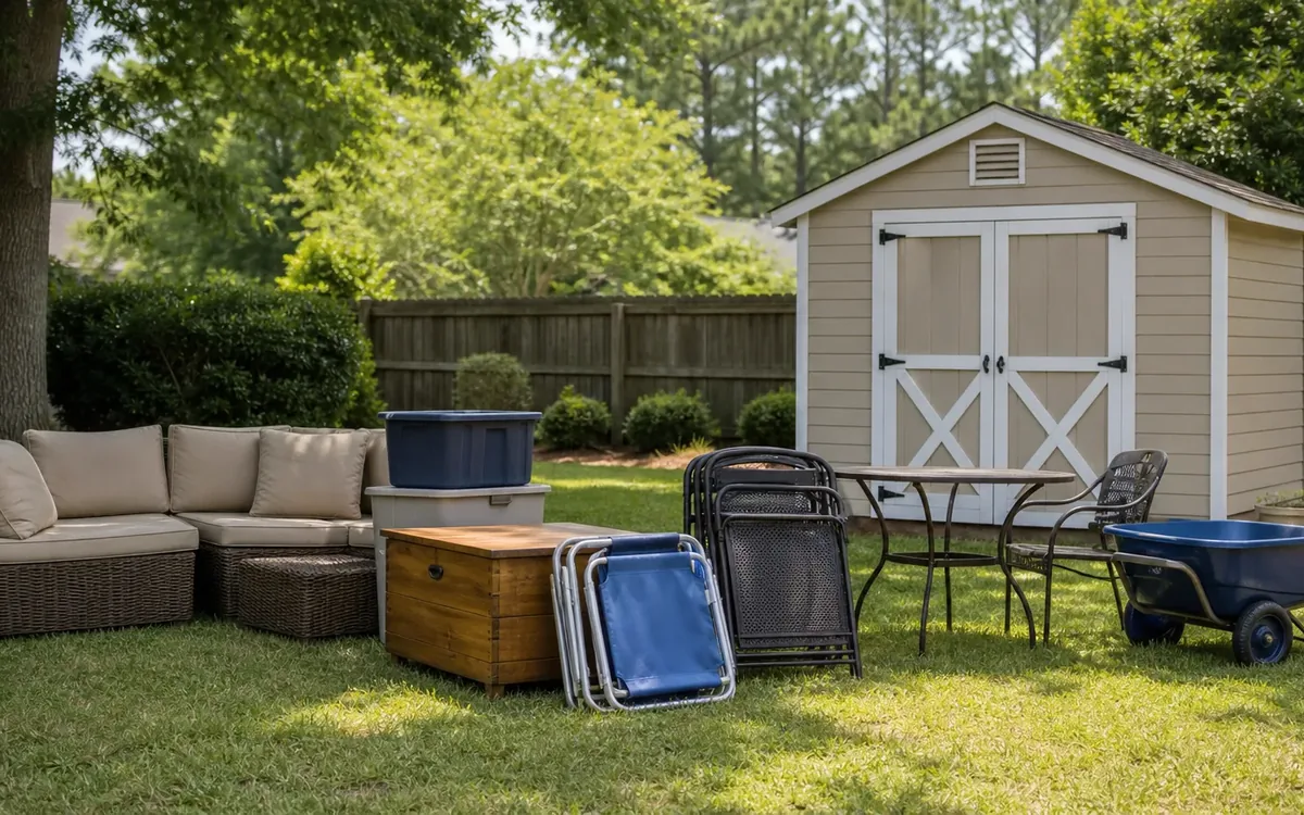 A backyard shed stands behind outdoor seating, storage bins, a wooden chest, folded chairs, a patio table, and a wheelbarrow.
