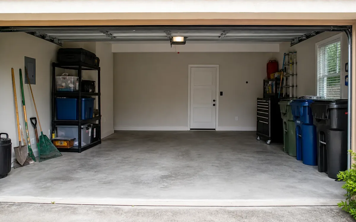Open garage with a clear concrete parking area, shelving and yard tools on the left, and bins and a tool cabinet on the right.