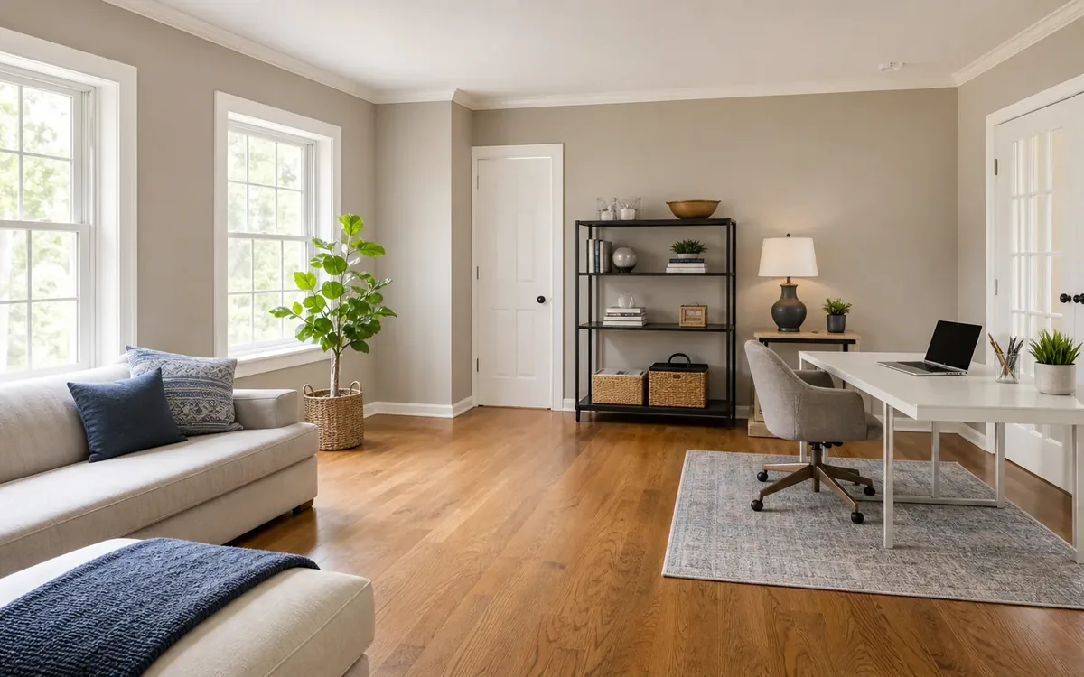 A sofa, open shelving and a desk share a bright room with wood flooring and a clear central path