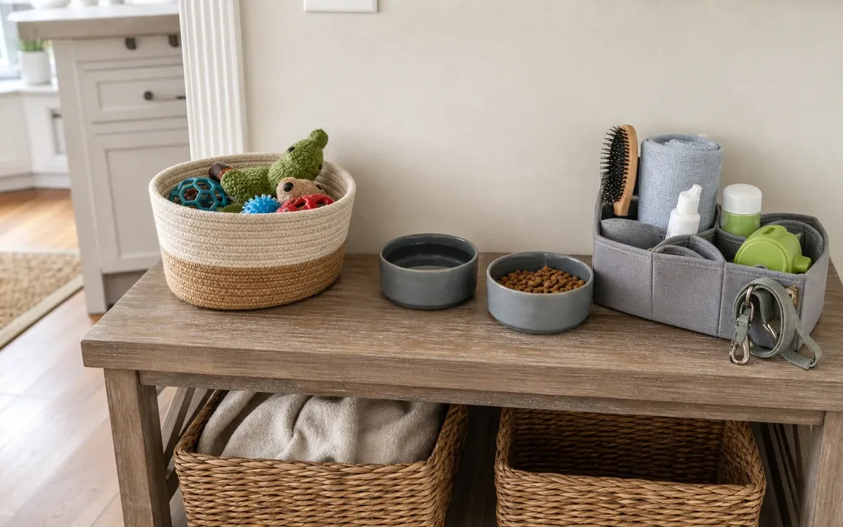 A wooden console holds a basket of pet toys, water and kibble bowls, and a caddy with grooming supplies and a leash.