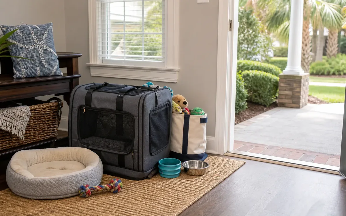 A pet carrier, tote of toys, pet bed, rope toy, and two bowls sit on a woven mat beside an open front door.