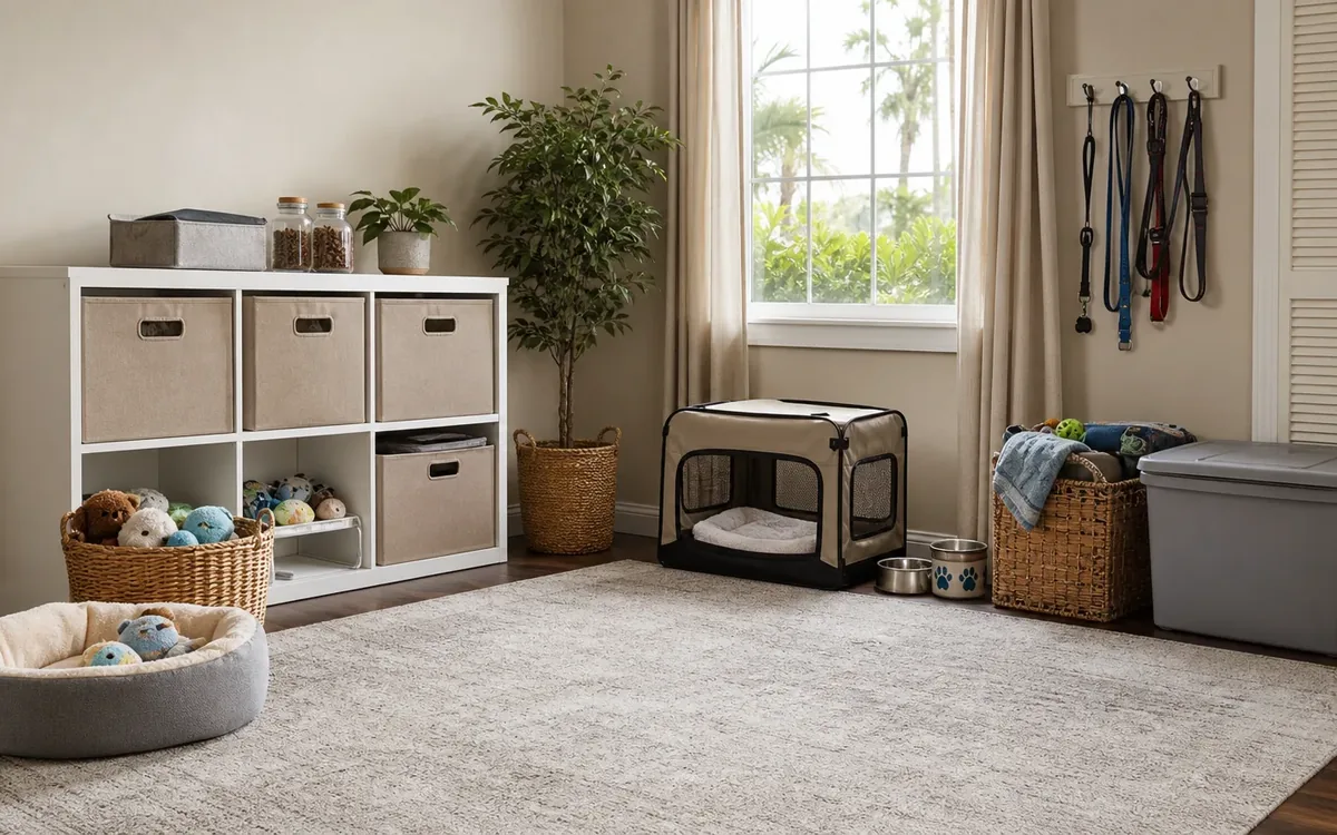 Organized pet supplies include a bed, toy baskets, a soft-sided crate, bowls, hanging leashes, and storage bins in a carpeted room.