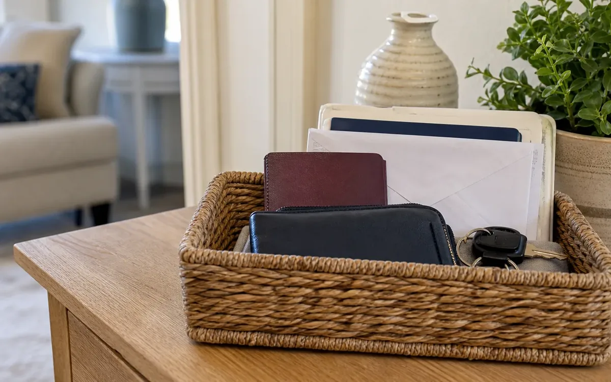 A woven basket on a wooden table holds envelopes, folders, a burgundy booklet, a black zippered wallet, and keys.