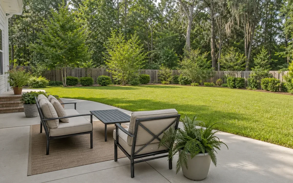 Two cushioned patio chairs and a low table sit on a rug beside a potted fern, overlooking a lawn and wooden fence.