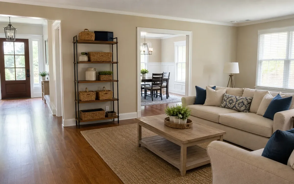 Tidy living room with cream sofas, a wooden coffee table, and basket shelving, with no personal photos or documents visible.