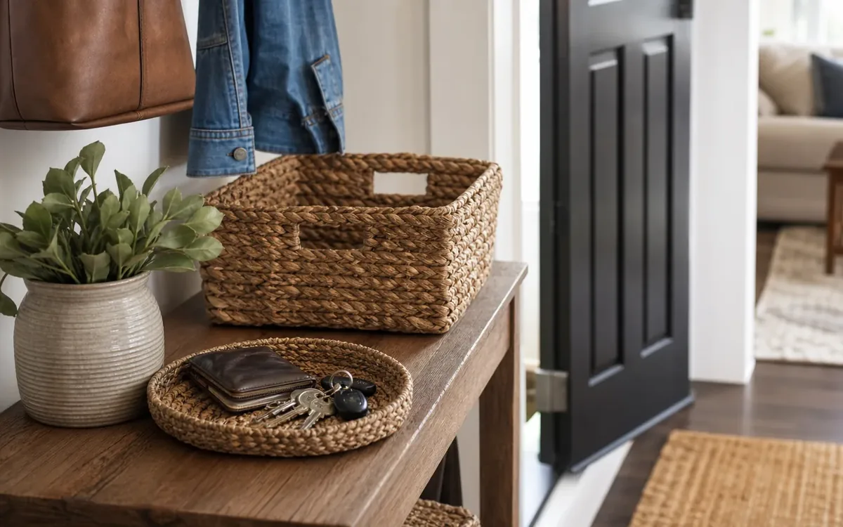 Entryway console with a woven basket, a tray holding keys and a wallet, and a potted plant beside an open front door.