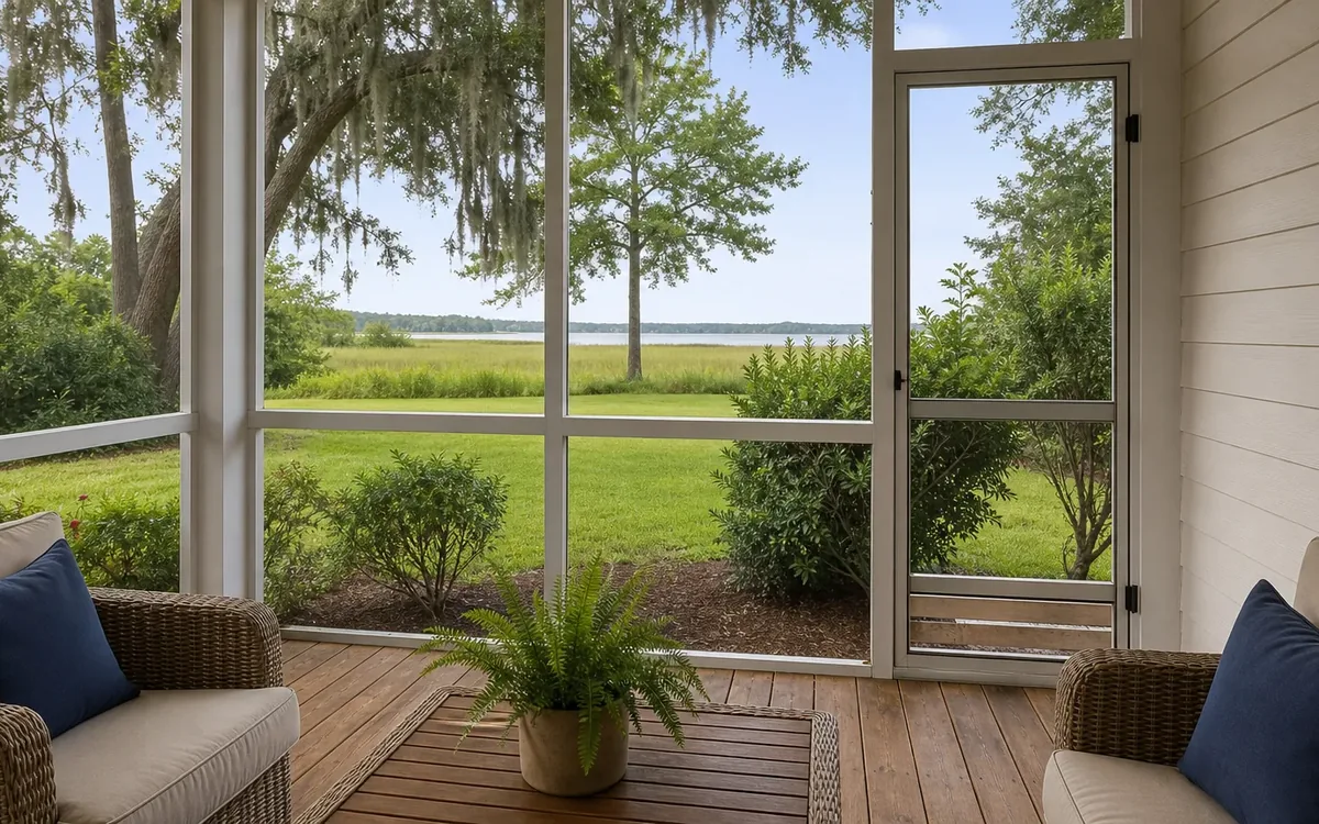 A screened porch with wicker seating and a potted fern offers a clear view across a green lawn toward distant water.