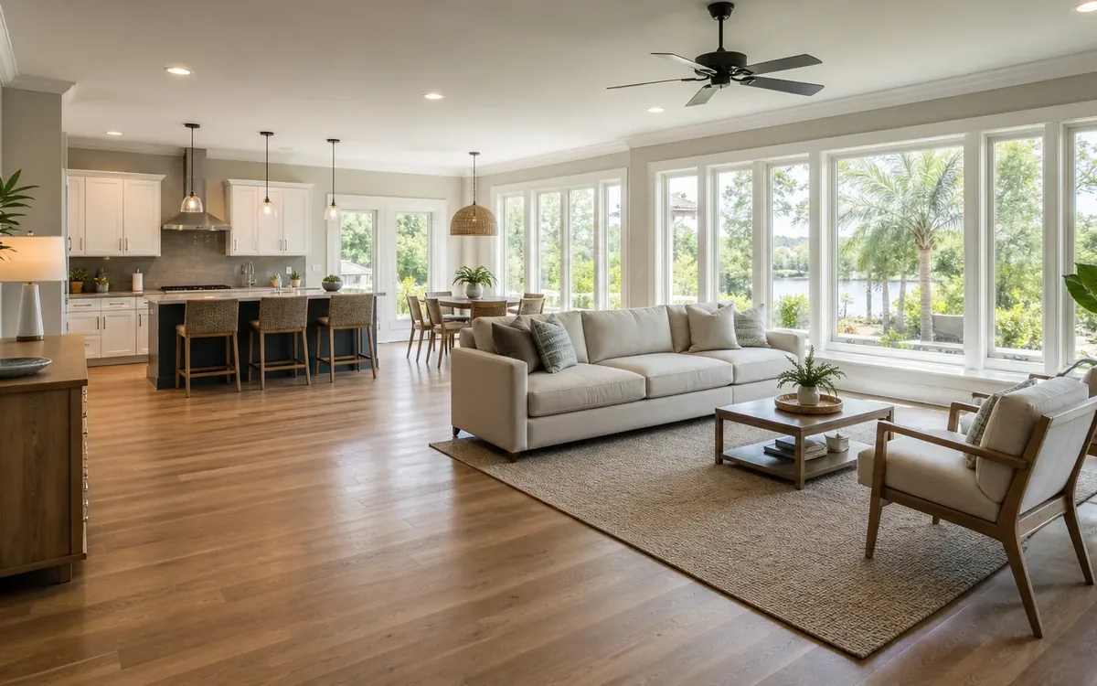 Open-plan living room with a sofa, chairs, and coffee table, clear wood-floor walkways, and unobstructed views into the kitchen.