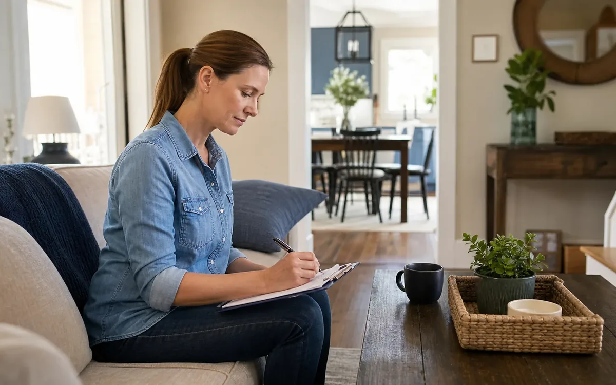 Woman seated on a living room sofa writing on a clipboard beside a mug, plant, and candle on a coffee table.