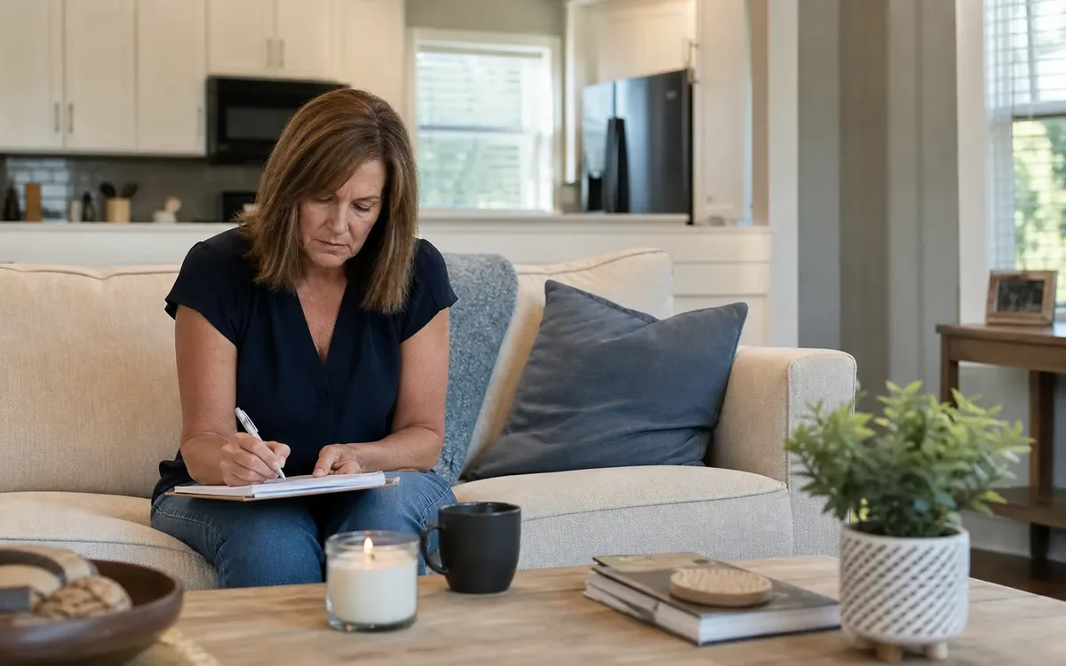 Woman writing a household checklist on a sofa beside a lit candle in a clean, bright living room and kitchen.
