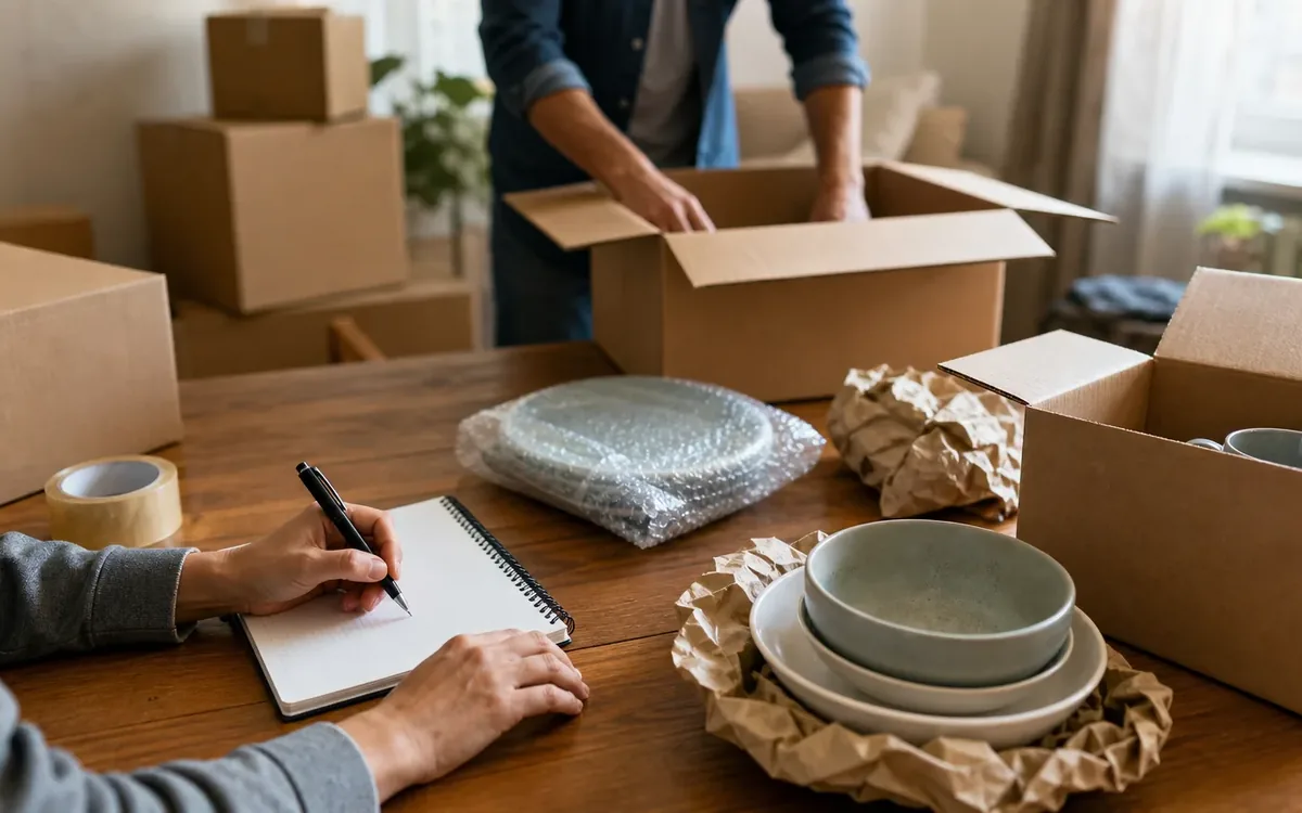 Hands organizing household items while planning is packing priced by the hour, by the box, or by the job?