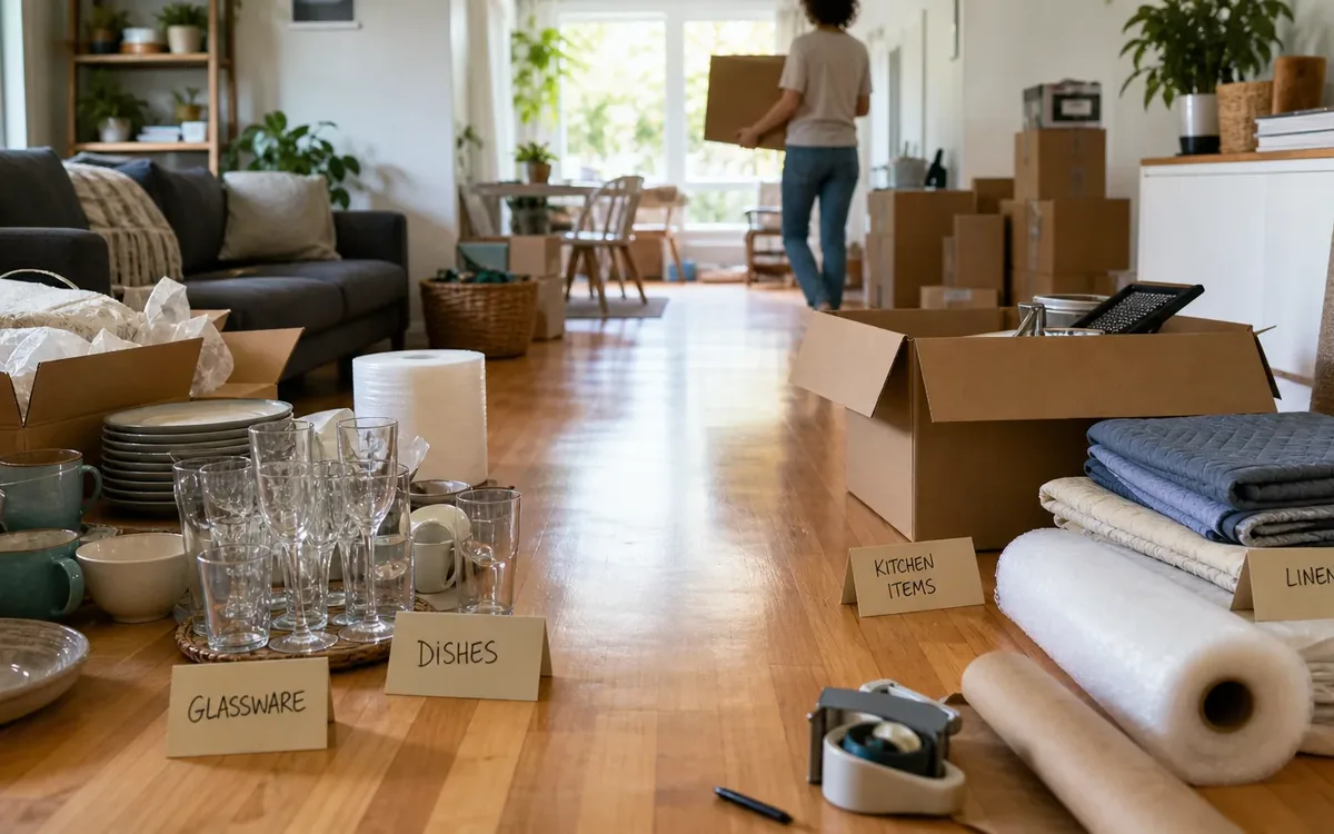Labeled household belongings and a clear room path for how do packing materials affect the total?