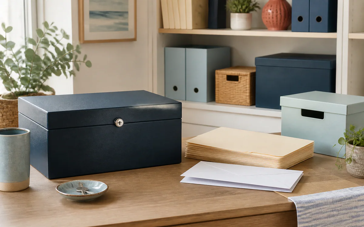 An organized living room with carefully sorted belongings for a Charleston, SC guide answering "How do you keep important documents safe and organized"