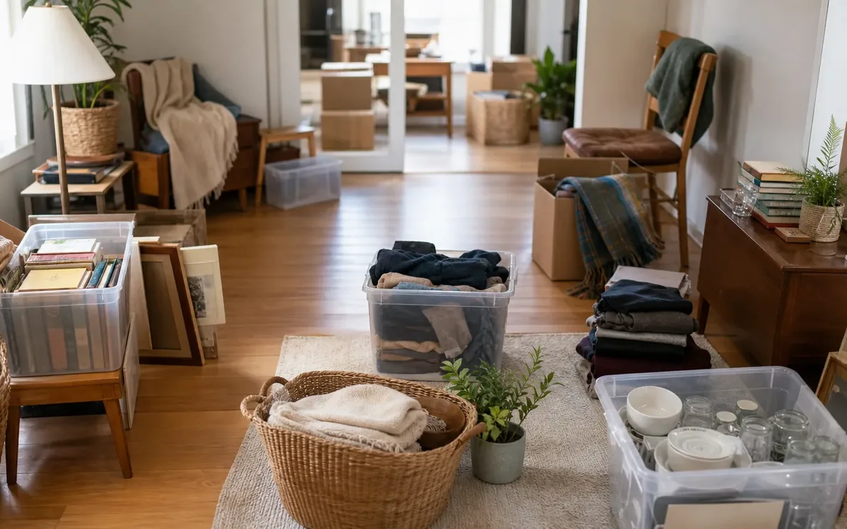 Labeled household belongings and a clear room path for the sequence of a well-planned physical cleanout