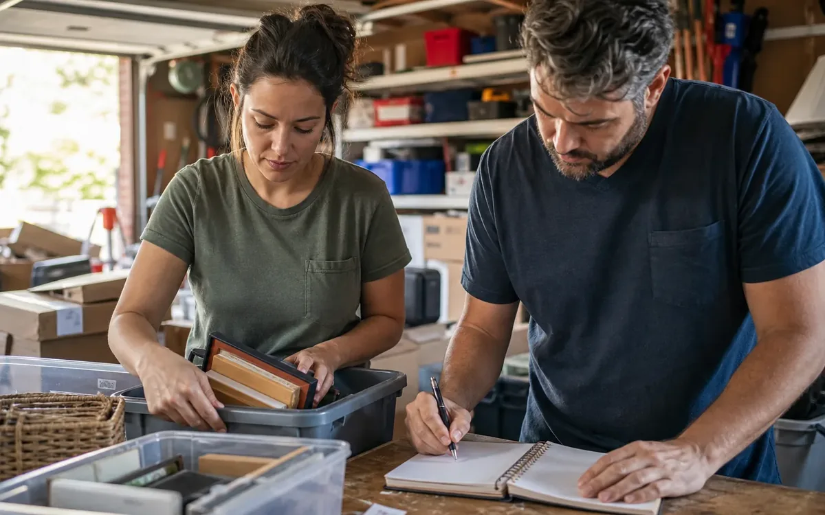 Hands organizing household items while planning how is a garage cleanout usually estimated?