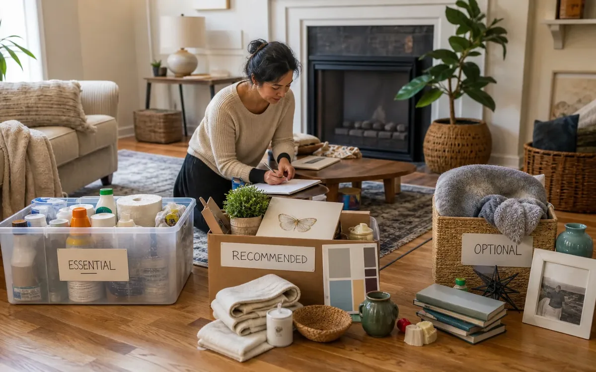 Labeled household belongings and a clear room path for which expenses are essential, recommended, or optional?