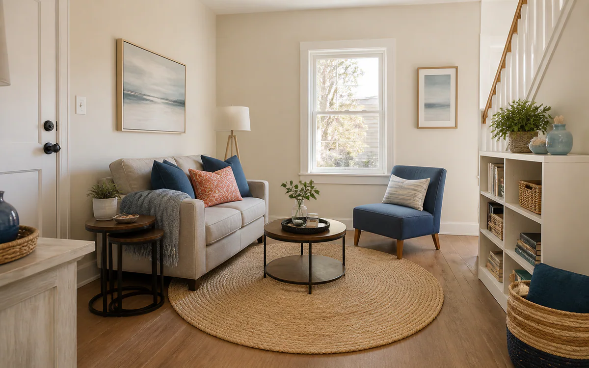 An organized living room with carefully sorted belongings for a Charleston, SC guide answering "How to arrange furniture in a small home"