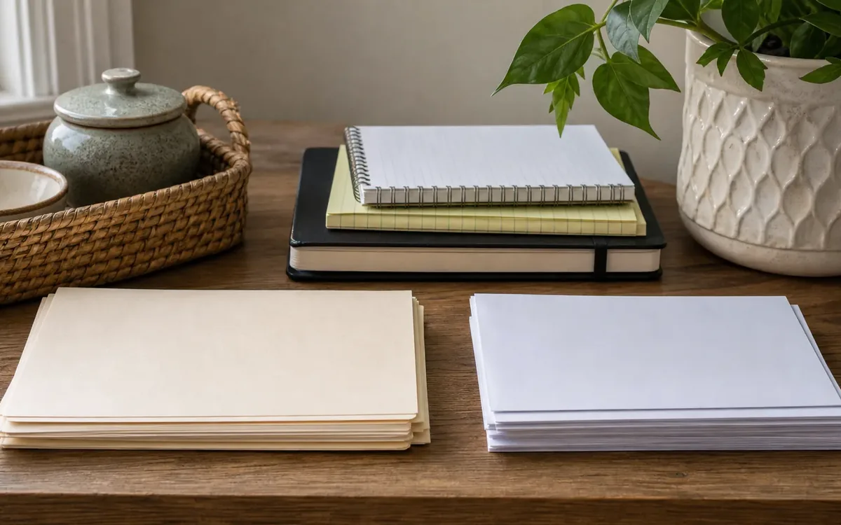 Two separate stacks of blank papers sit on a wooden table beside stacked notebooks, a woven basket, and a potted plant.