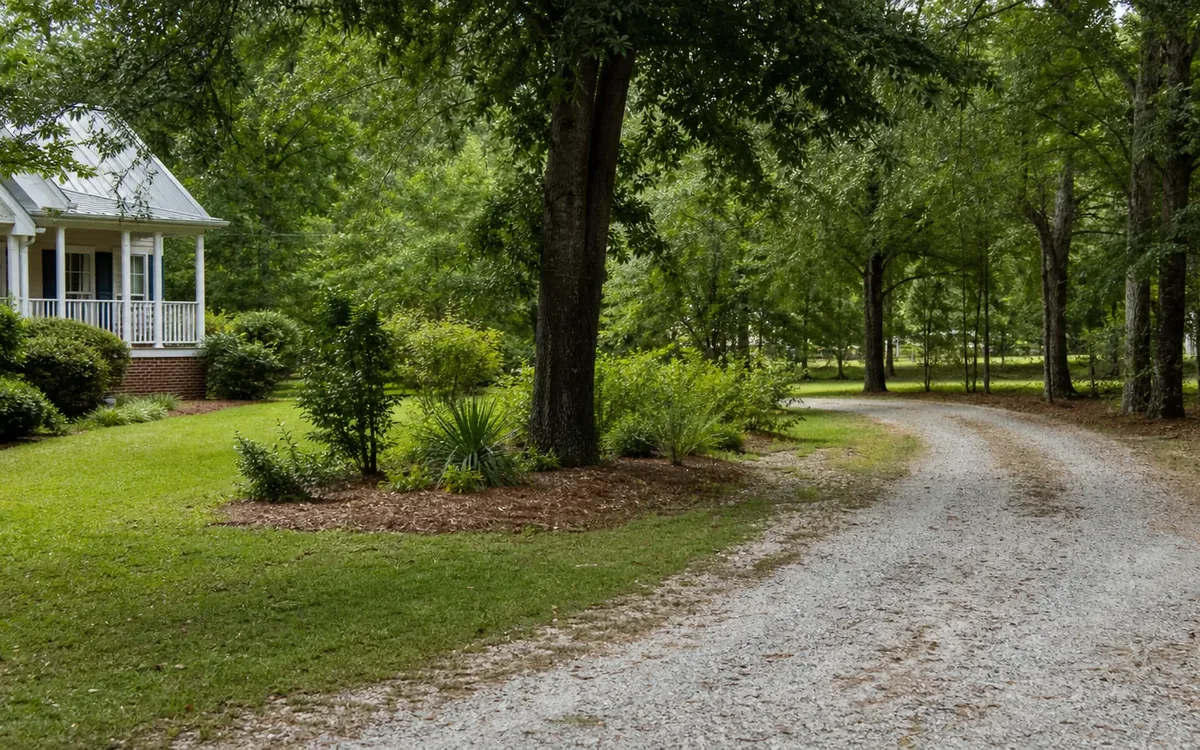 A curved gravel driveway passes a grassy lawn, shrubs, and tall trees beside a house with a white front porch.