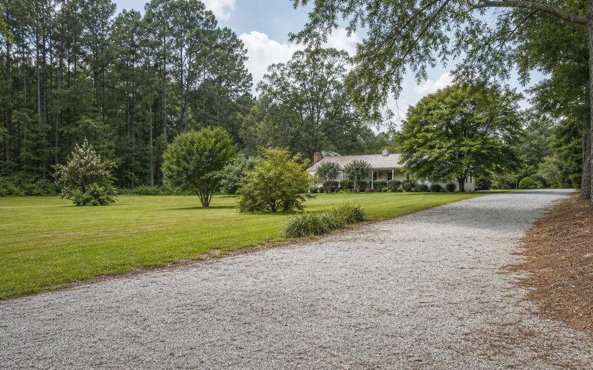 A broad gravel driveway curves toward a house, bordered by a mowed lawn, shrubs, and mature trees.