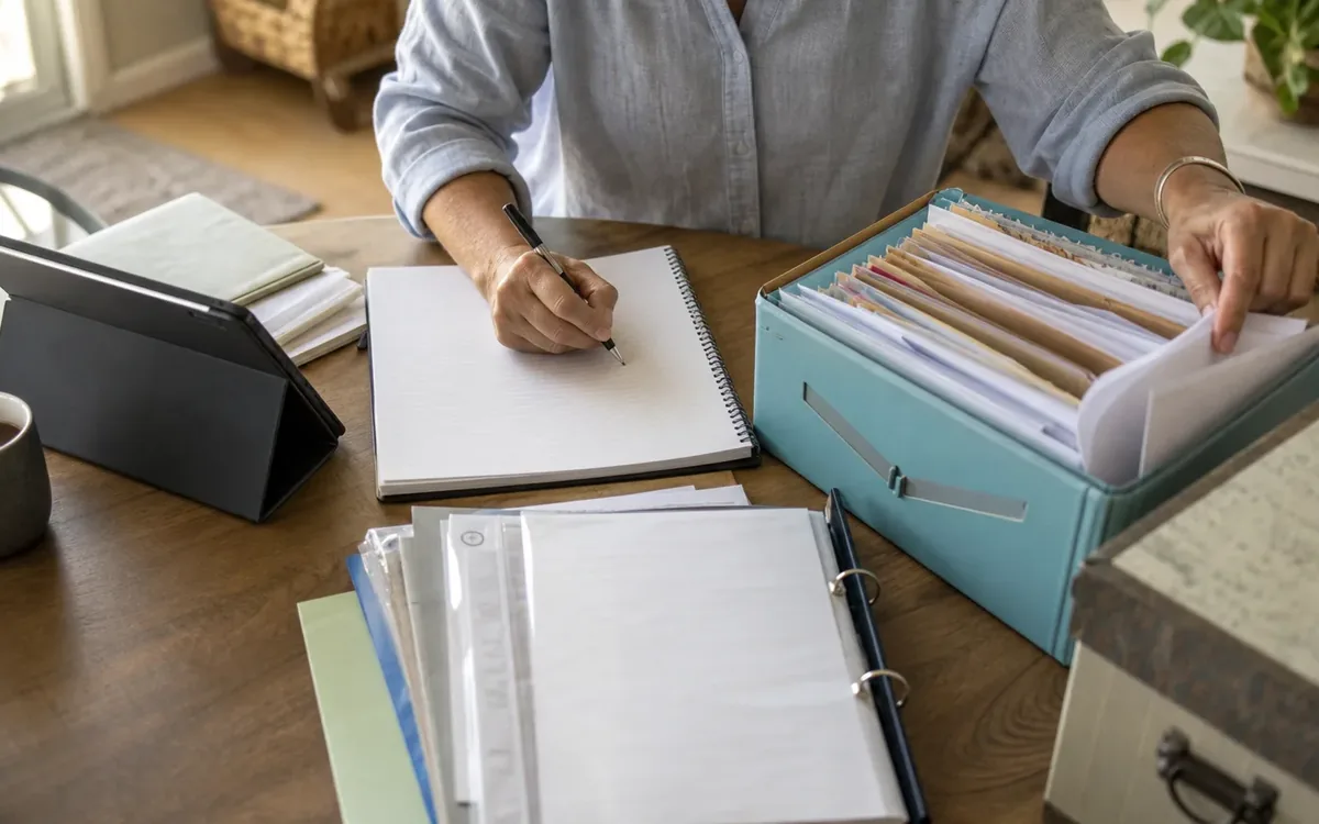 Hands organizing household items while planning should the binder be physical, digital, or both?