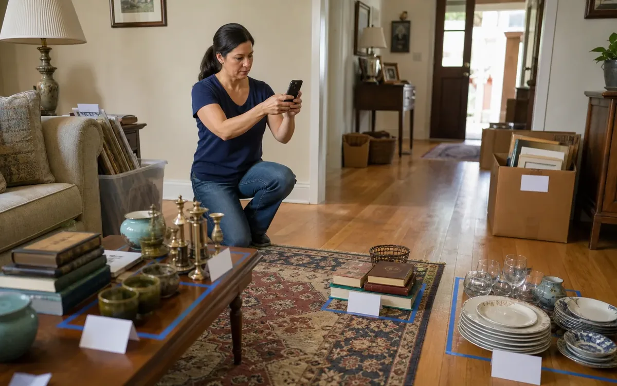 Labeled household belongings and a clear room path for how do you photograph items for the inventory?