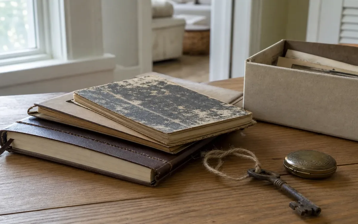 Worn albums and loose papers in an open box sit on a wooden table beside an old key and a round metal case.