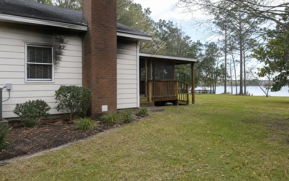 Dark staining on light siding around a window beside a brick chimney, with shrubs, a screened porch, and a grassy yard.