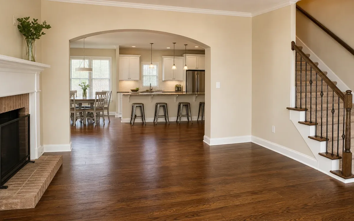 Empty living room with a brick fireplace, hardwood floors, beige walls, a carpeted staircase, and an open kitchen beyond.