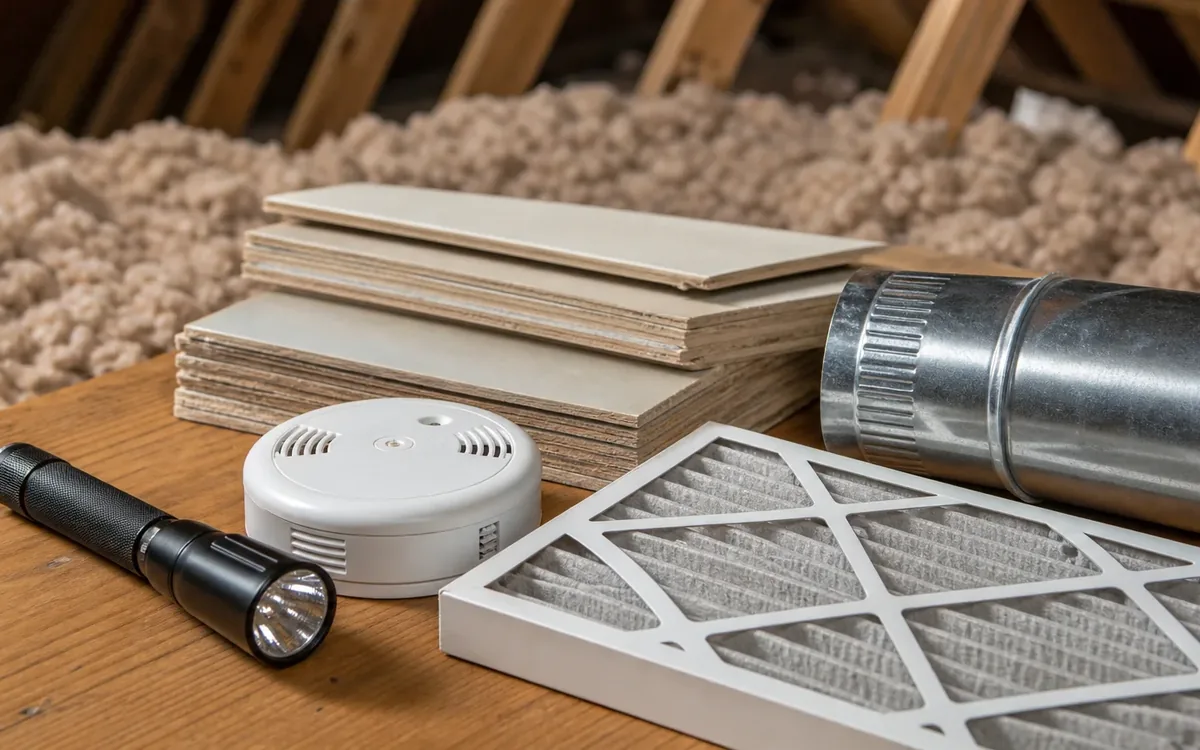 Flashlight, smoke detector, vent filter, ductwork, and stacked boards laid out on attic flooring beside insulation.