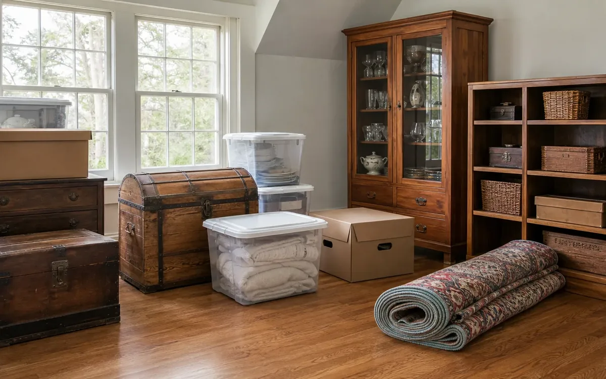 Attic room with storage trunks, plastic bins, cardboard boxes, cabinets, baskets, and rolled rugs.