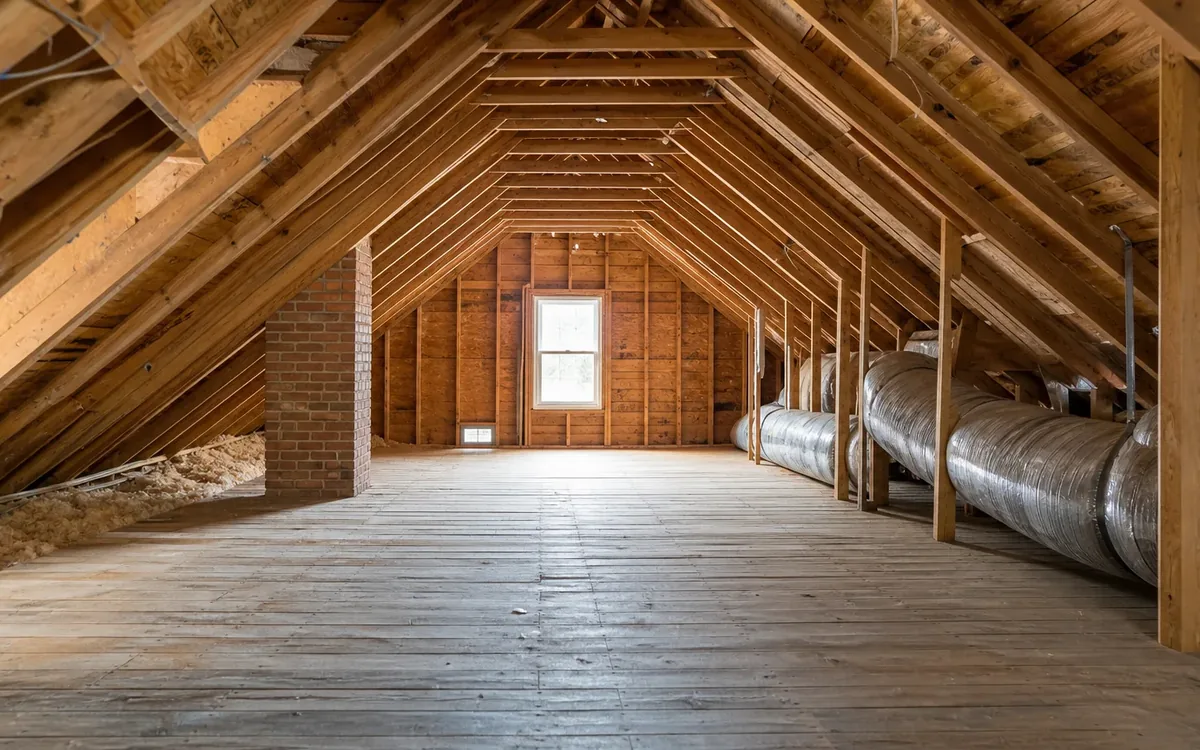 Empty unfinished attic with exposed wood rafters, plank flooring, brick chimney, insulation, and metal ductwork.