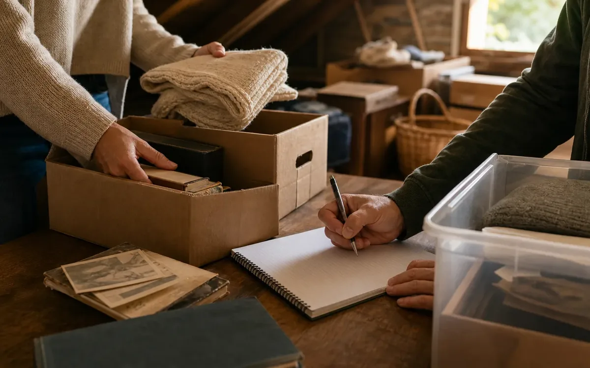 Hands organizing household items while planning step 1: confirm authority and define the attic's purpose