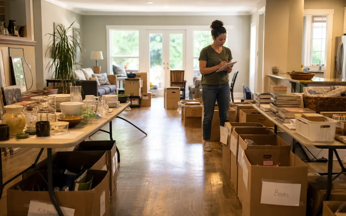 Labeled household belongings and a clear room path for examine advertising and sale operations separately