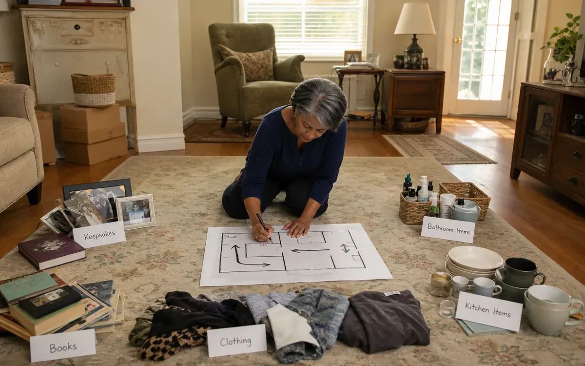 Labeled household belongings and a clear room path for build a room-by-room working map