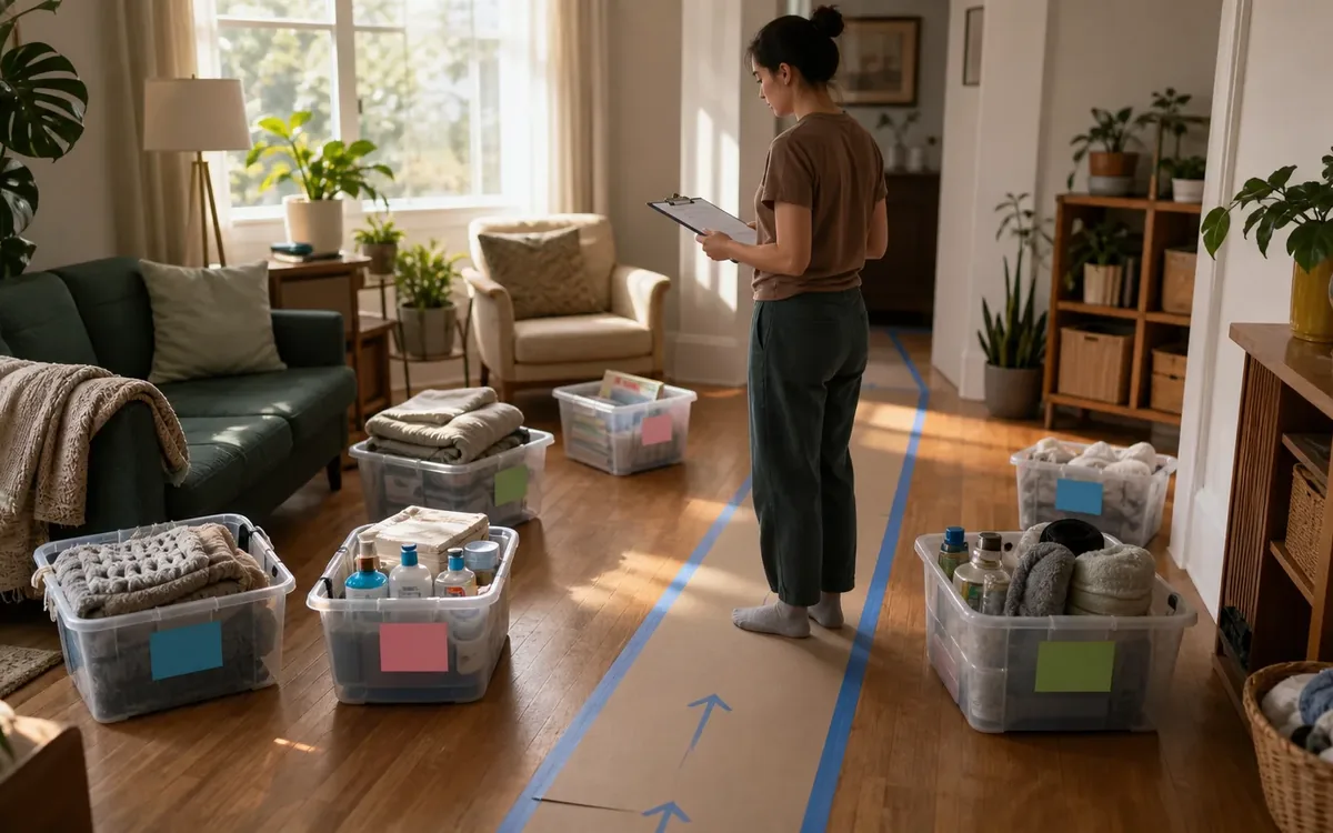 Labeled household belongings and a clear room path for prepare the destination around the equipment