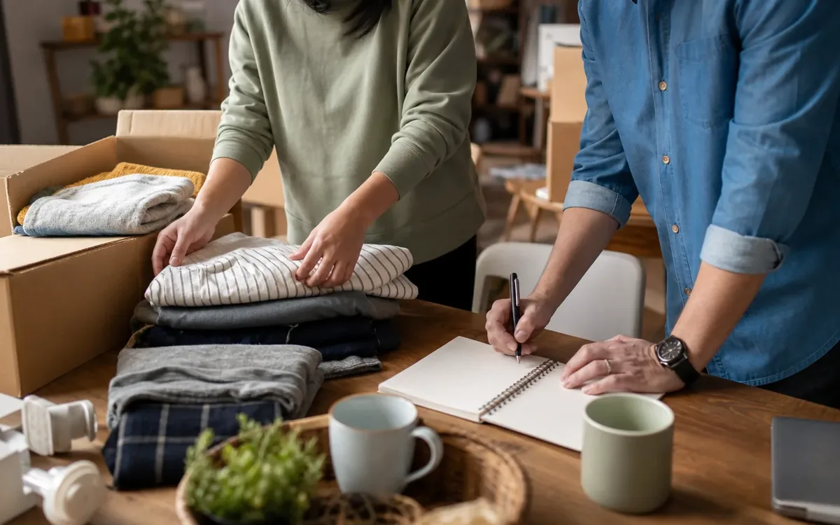 Hands organizing household items while planning build the move around the destination