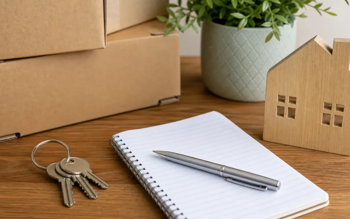 House keys, a blank spiral notebook and pen sit on a wooden table beside cardboard boxes, a wooden house model and a potted plant.