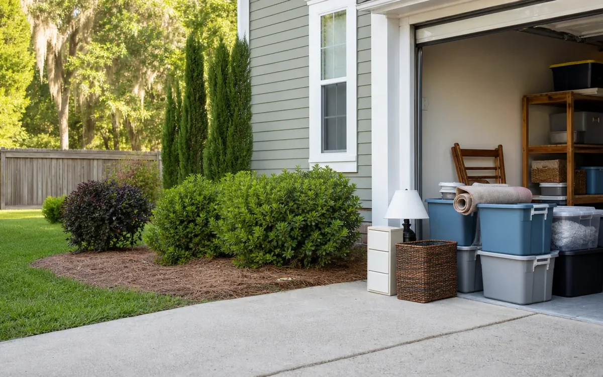 Storage bins, rolled rugs, a woven basket, a lamp, and small drawers sit at an open garage beside a concrete driveway.