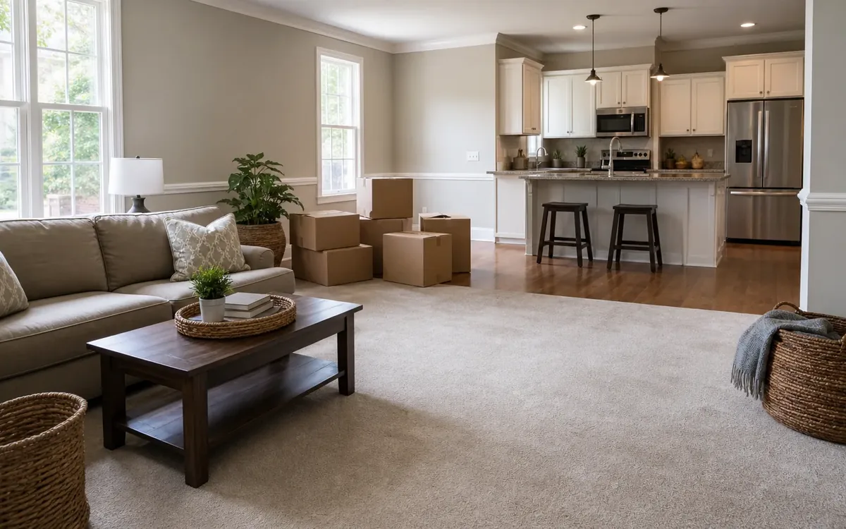 Cardboard moving boxes sit between a furnished living room and an open kitchen with white cabinets and two stools.
