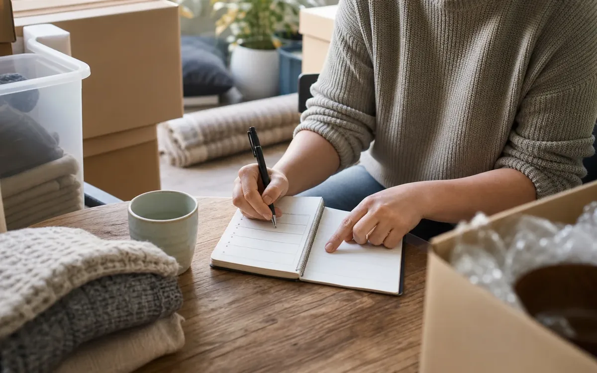 Hands organizing household items while planning build one schedule for pickup, storage, and delivery
