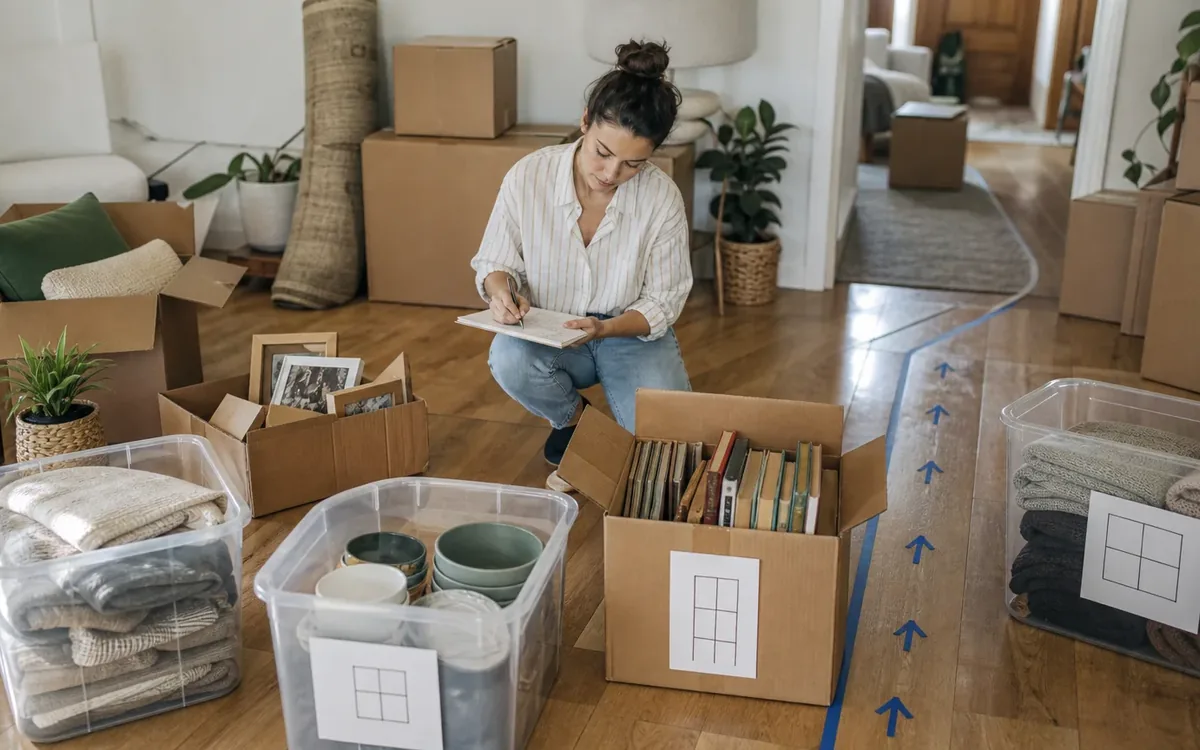 Labeled household belongings and a clear room path for match each group of belongings to a delivery window