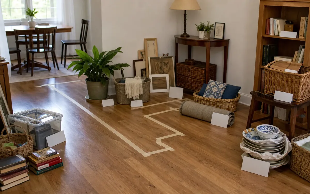 Labeled household belongings and a clear room path for how do you draw a floor plan to scale?