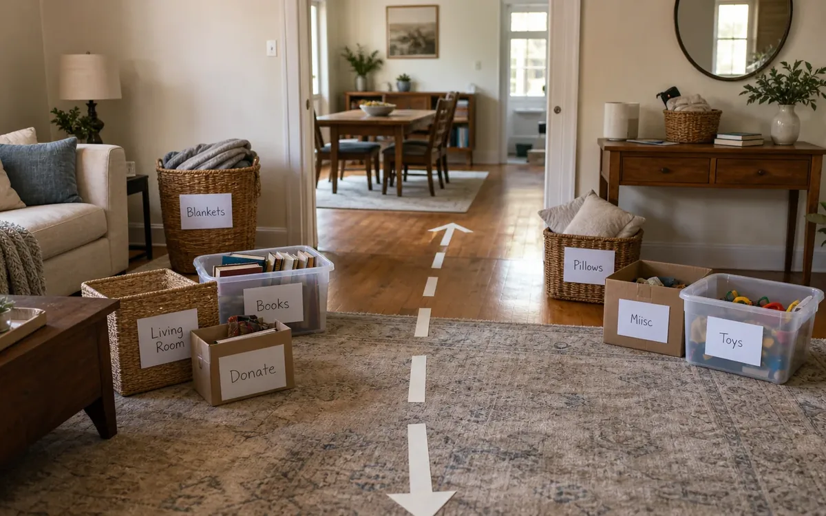 Labeled household belongings and a clear room path for build a room-by-room reset sheet