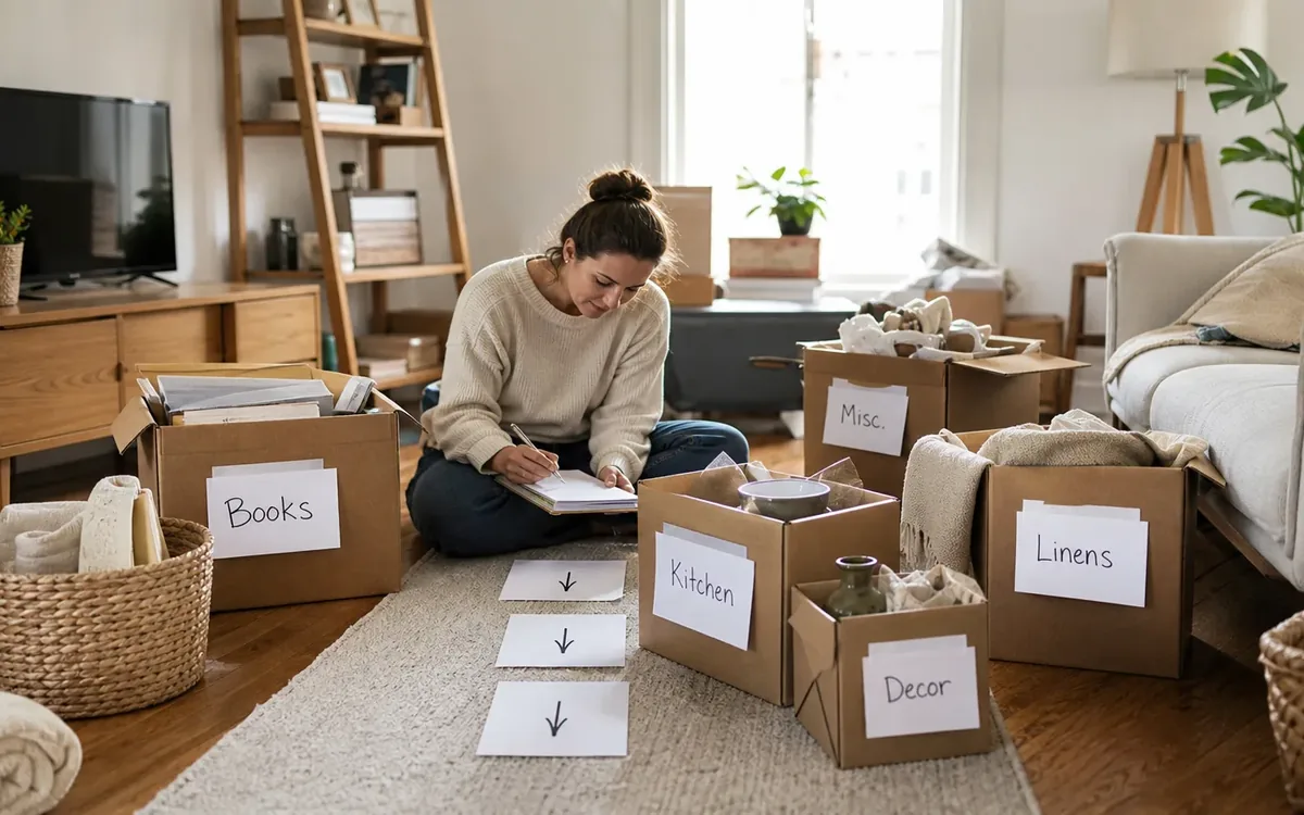 Labeled household belongings and a clear room path for how do you turn each room into manageable tasks?