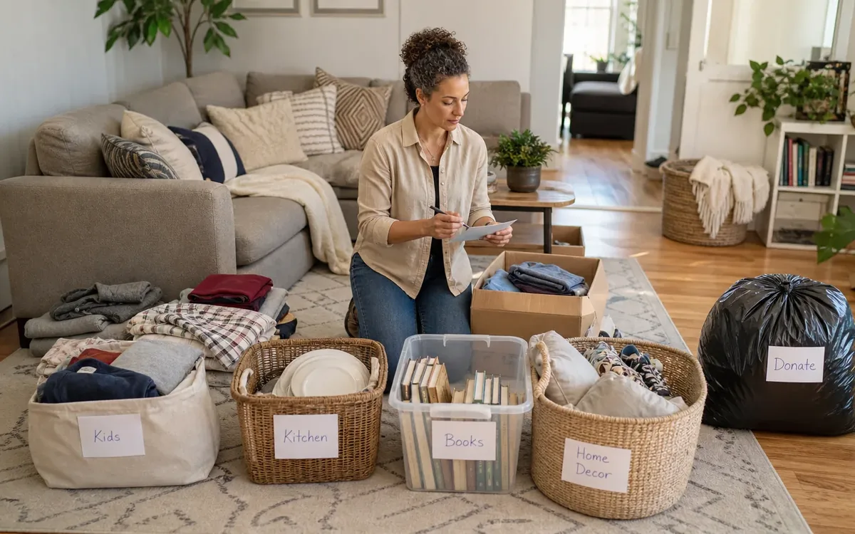 Labeled household belongings and a clear room path for how do you choose appropriate donation recipients?