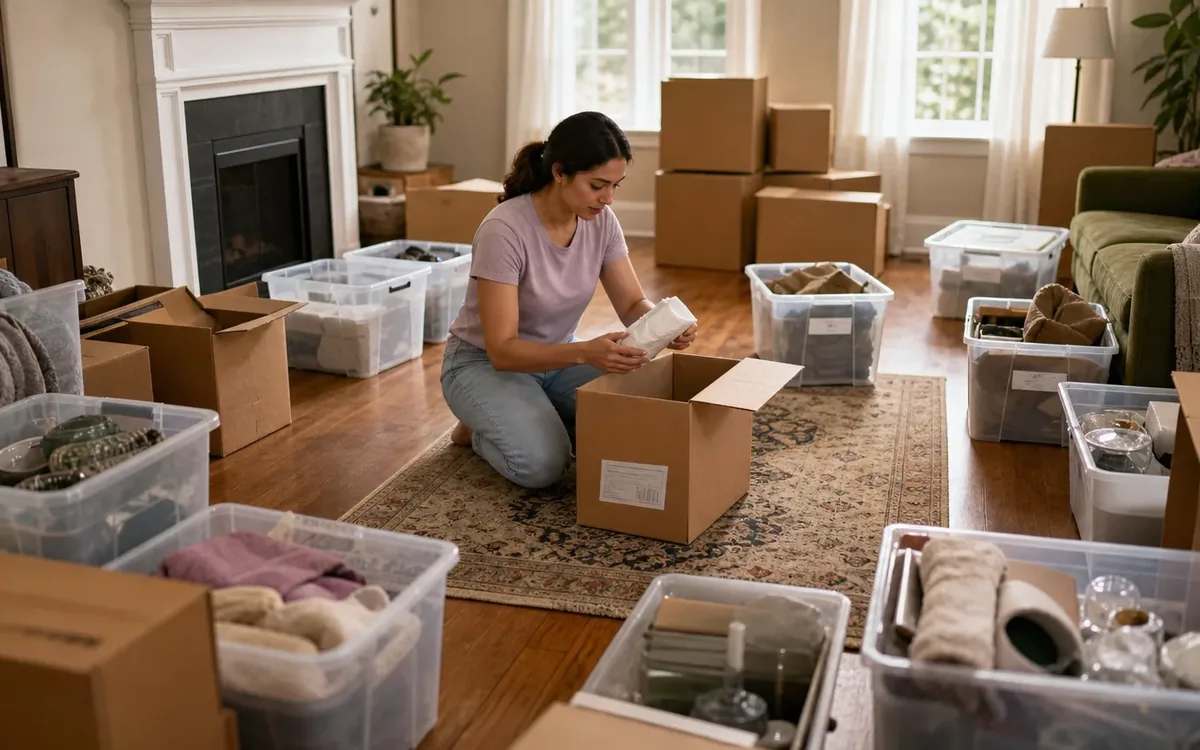 Labeled household belongings and a clear room path for give each room its own packing brief
