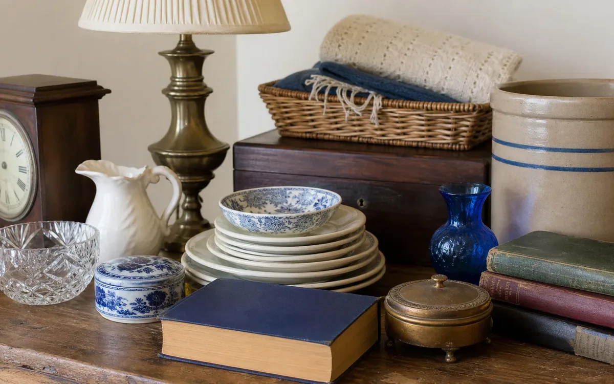 Household items gathered on a wooden table include a clock, dishes, books, pottery, a lamp, and folded textiles in a basket.